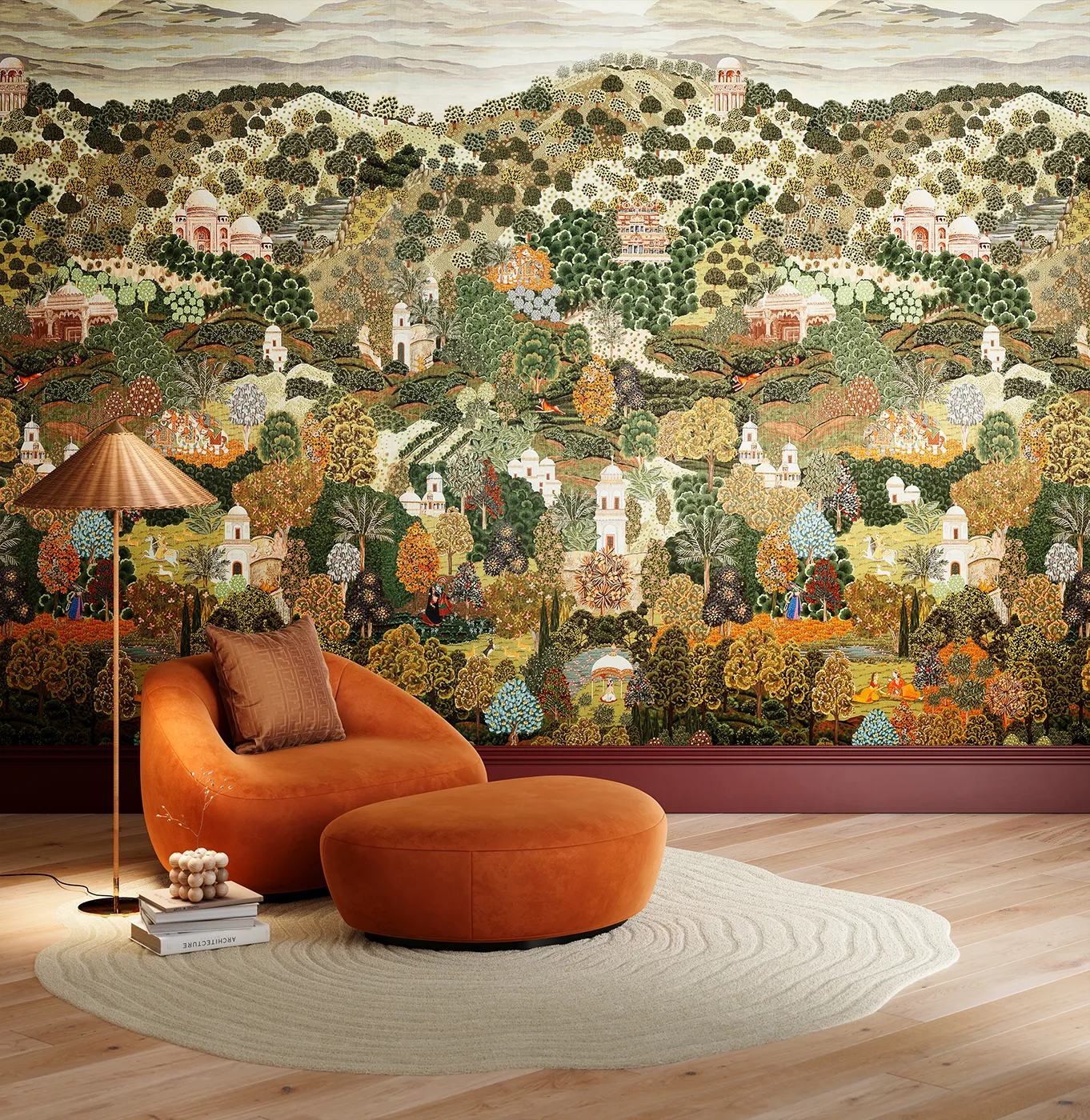 render-realista, mural-colorido, sofa, puf-naranja, terciopelo, lampara-cobre, diseño-interior, arte-mural, mobiliario-diseño, Virtuala