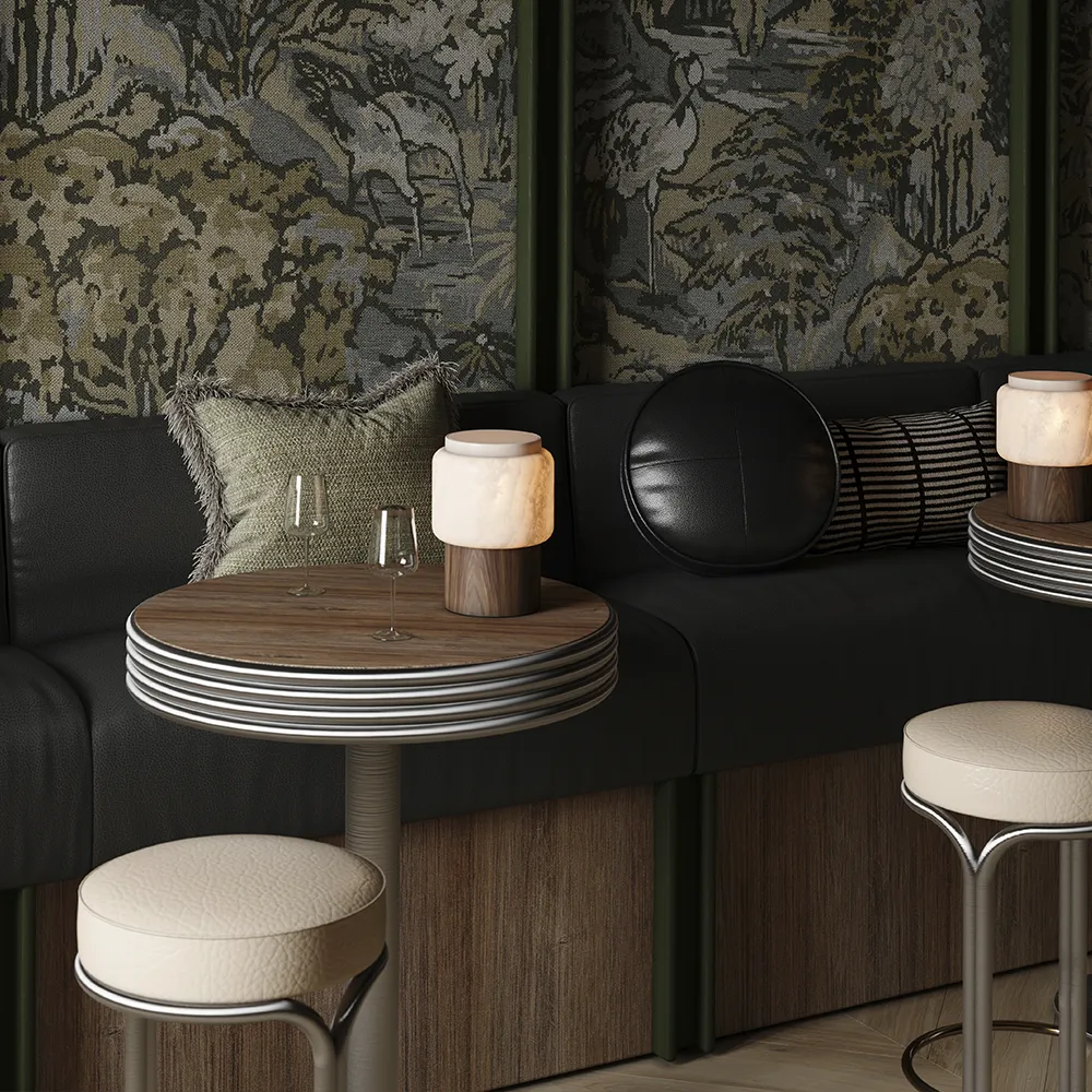 Virtuala, restaurante, Arte International, papel pintado, interiorismo, diseño, mesa madera, sillón negro, escenario ficticio