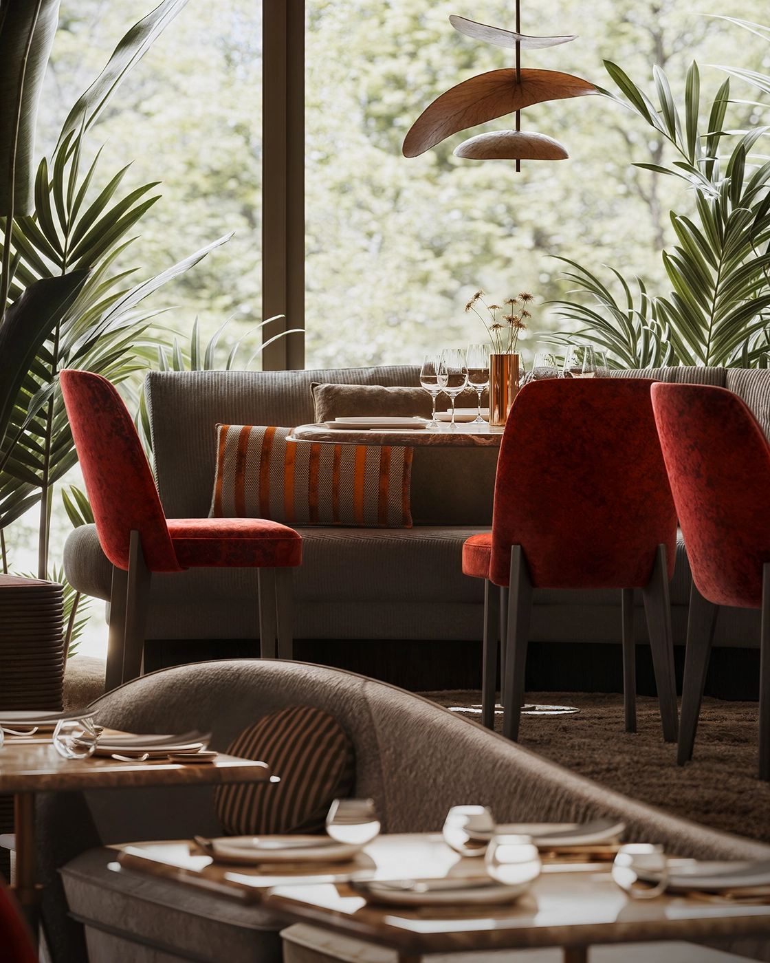restaurante, mesas, sillas-rojas, terciopelo, cuadro, tonos-naranjas, tonos-rojos, diseño-interior, visualizacion-arquitectonica, Virtuala