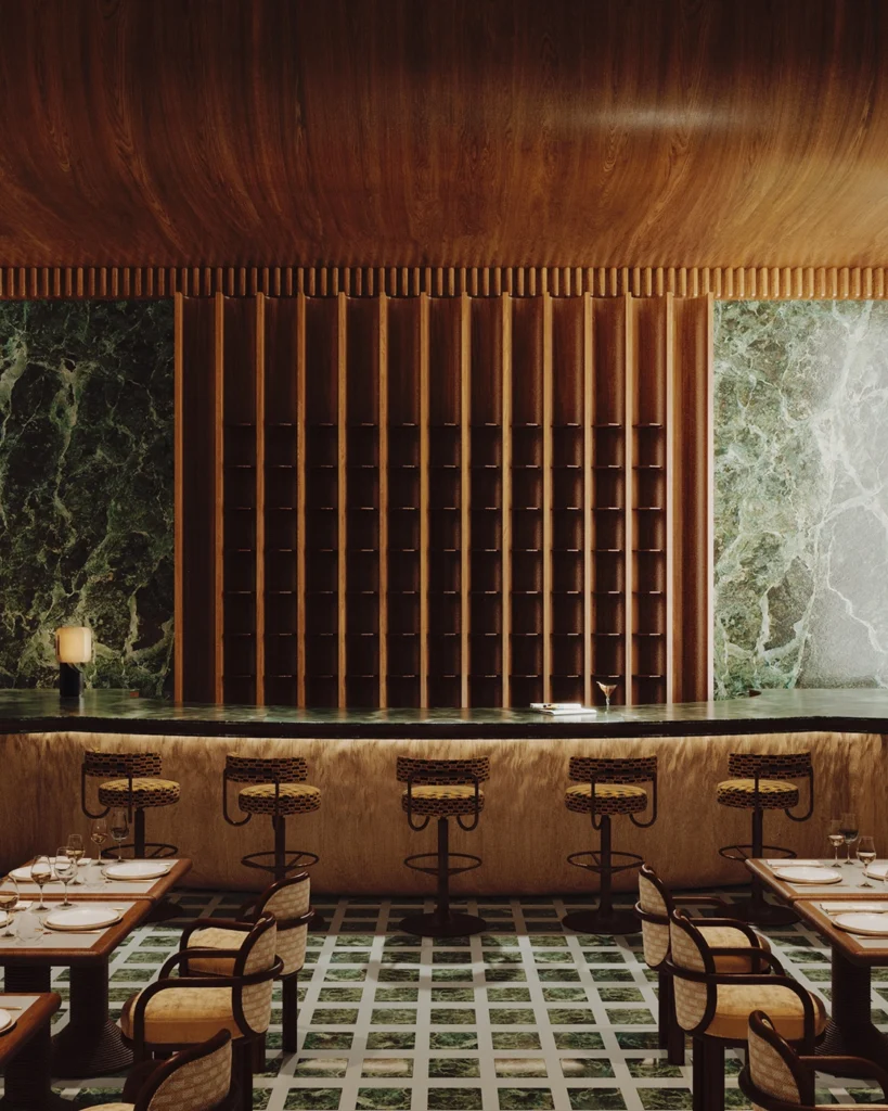Virtuala, restaurante, barra Cervantes, mármol verde, apliques madera, suelo geométrico, verde, beige
