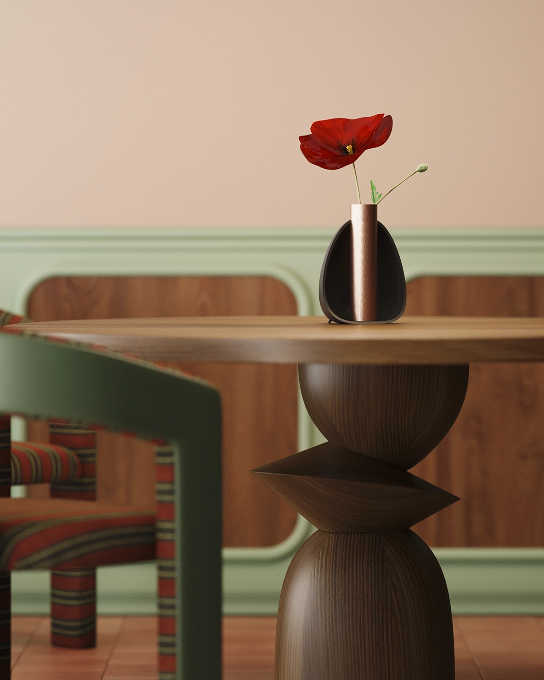 mesa diseño madera, florero, flor roja, ambiente cálido, detalle, interiorismo