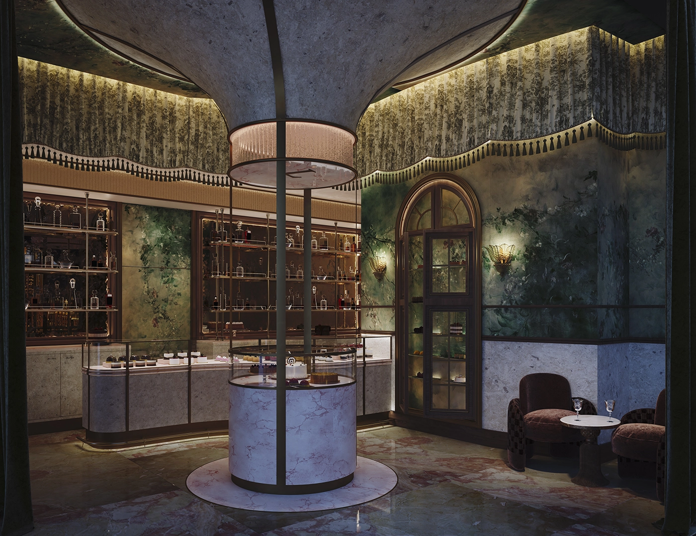 restaurante Leopold, sala verde, escultura globo aerostático, diseño, interiorismo, Dubai