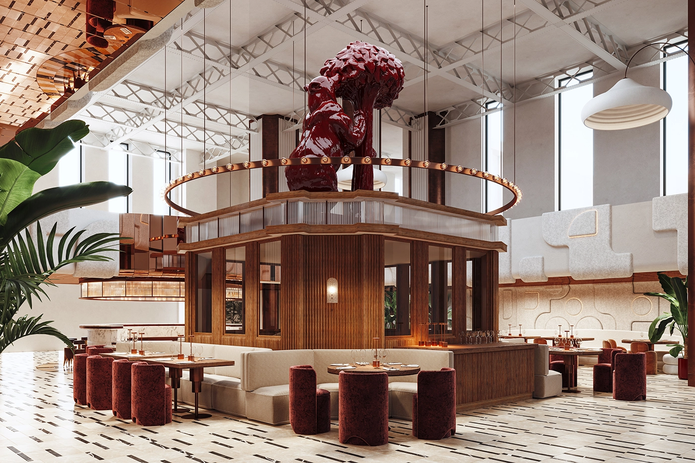 restaurante Cibeles, dos pisos, estilo 70s, escultura Oso y Madroño granate, mesas madera, sillones terciopelo granate naranja